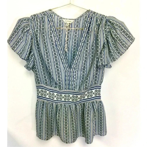 Max Studio Women Small Flutter Ruffle Sleeve Blouse Blue Tulip Print V Neck NWT - Picture 1 of 11